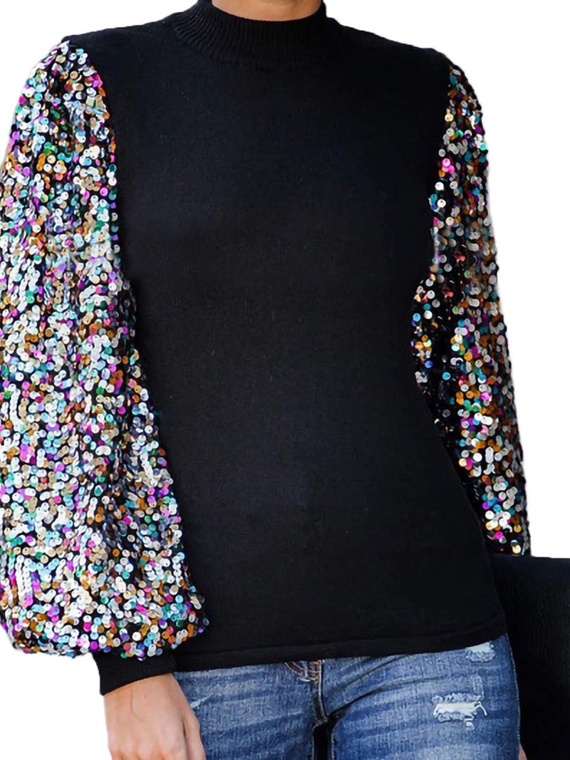 Anna-Kaci Women's Confetti Sequin Balloon Long Sleeve Mock Neck Pullover Sweatshirt, Black, Small - Image 1